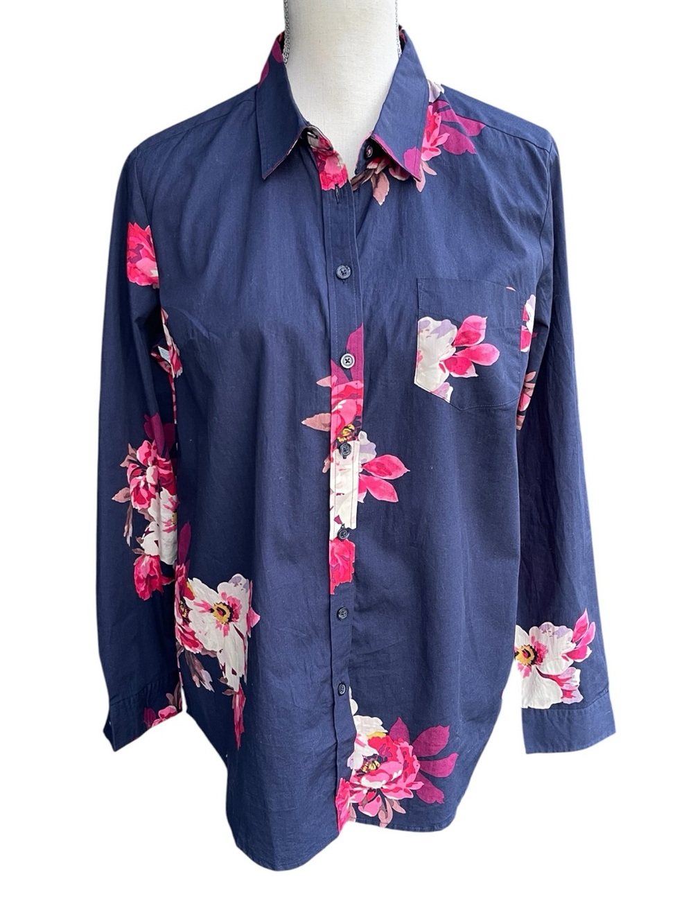 Joules Navy/Pink Floral Elvina Classic Fit Cotton Button Up Blouse Top (8)